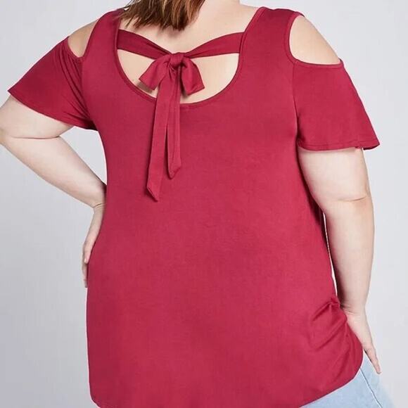 Lane Bryant Size 26 28 Cold Shoulder Tie Back Swing Tee Top Pink Jersey Knit - Picture 1 of 5